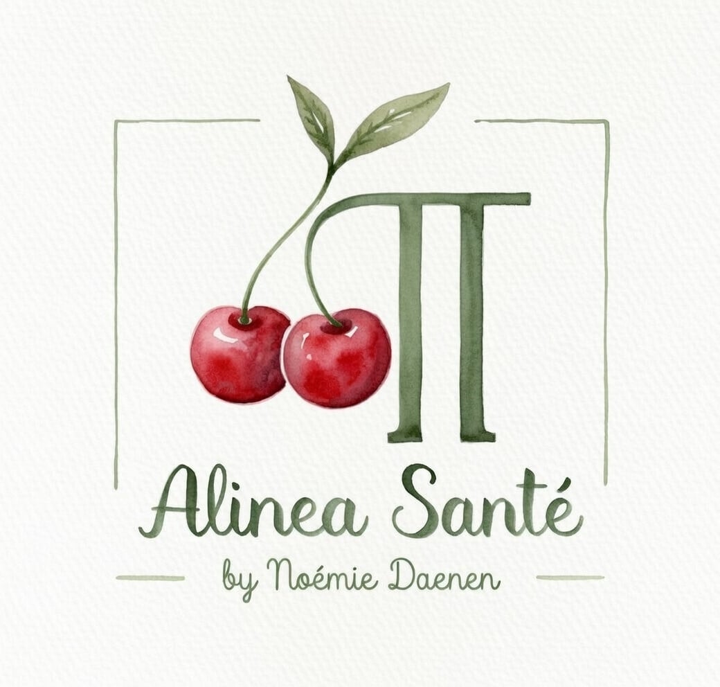 Logo aquarellé Alinea Santé by Noémie Daenen, avec deux cerises et une branche végétale